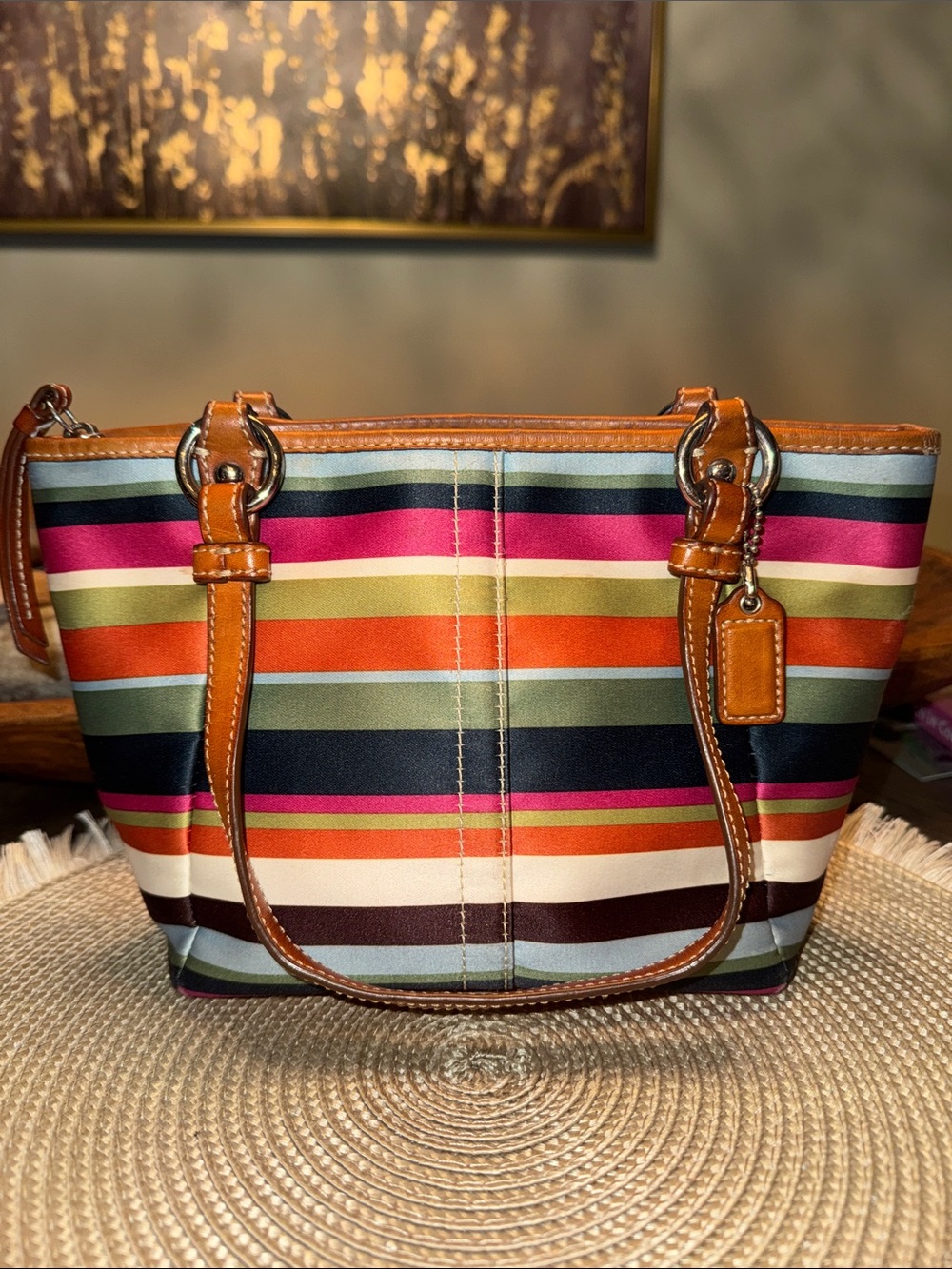 Coach Legacy Mini Tote -Multicolor Striped Tote with Tan Leather Trim & hang tag